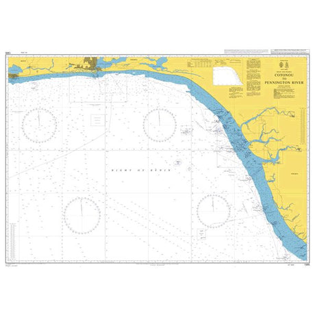 Product image of Admiralty Chart 1385 | Cotonou to Pennington River, featuring navigational markings, depth soundings, and coastal features, essential for safe marine navigation. It could be displayed as an art piece or used for navigation on a boat or ship.