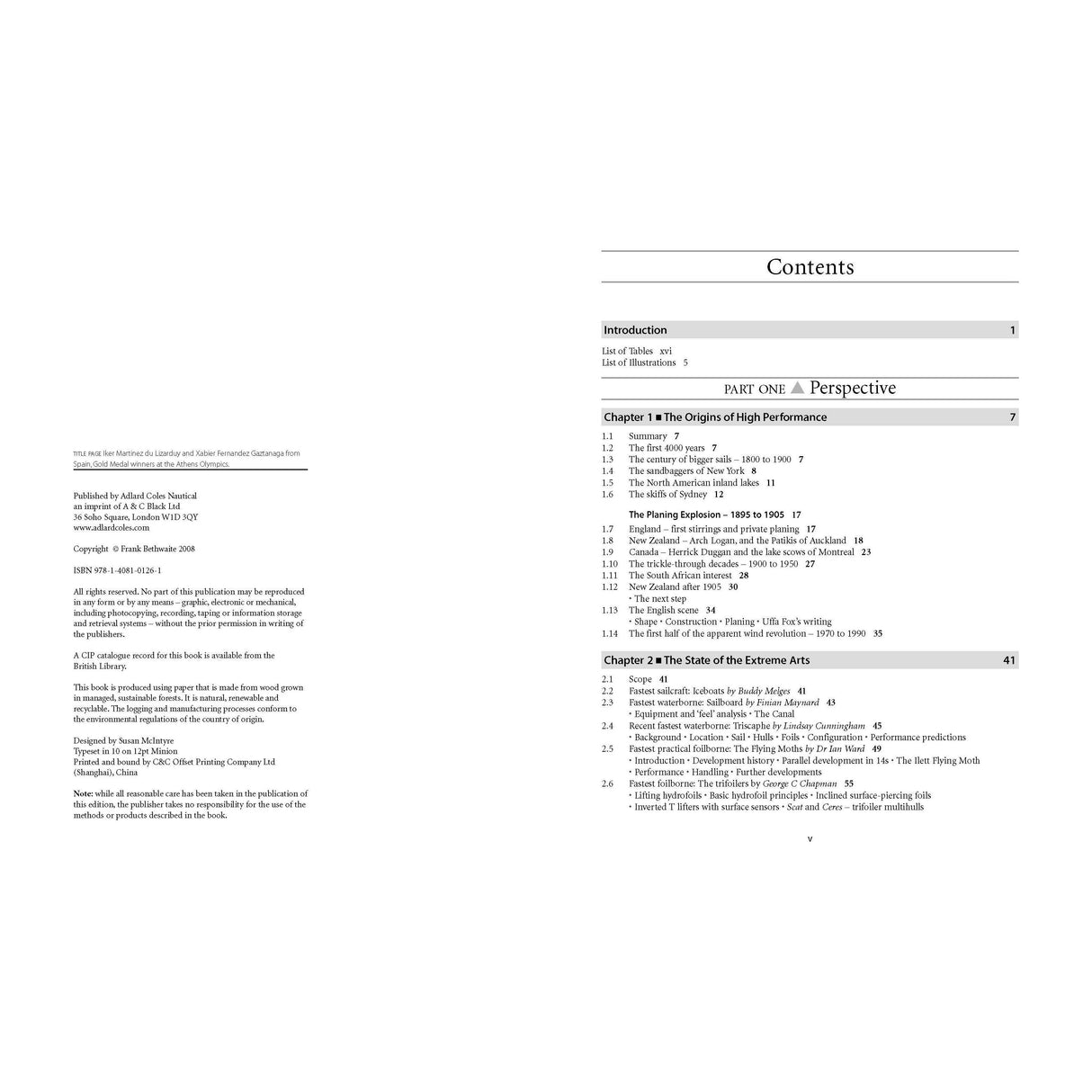 The contents page of "Higher Performance Sailing" by Adlard Coles includes sections titled "The Origins of High Performance" starting on page 7, and "The State of the Extreme Arts" beginning on page 41, offering insights into high-performance sailing and apparent wind dynamics with techniques similar to sailboat racing strategies.