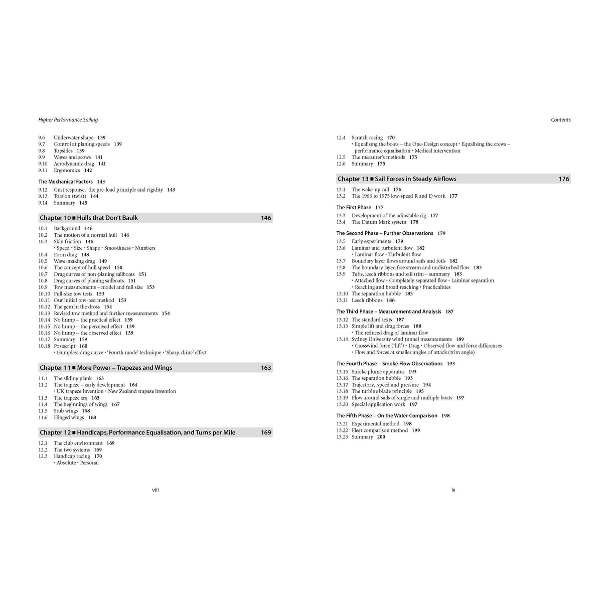 The table of contents from "Higher Performance Sailing" by Adlard Coles covers chapters on mechanical forces, sails, and power adjustments, highlighting topics such as drag and steady airflow. Explore performance equalization and the influence of apparent wind in sailboat racing techniques found on pages 146 to 182.