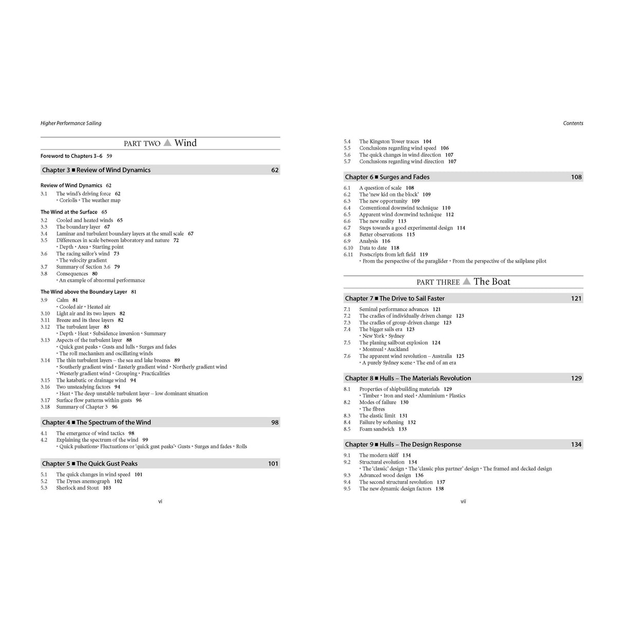 An image of the contents page from the book titled "Higher Performance Sailing" by Adlard Coles displays sections covering topics such as apparent wind, wind dynamics, the wind boundary layer, energy in the wave spectrum, gusts, surges, fades, and boat design. The page numbers range from 62 to 134.