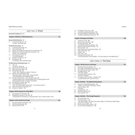 An image of the contents page from the book titled "Higher Performance Sailing" by Adlard Coles displays sections covering topics such as apparent wind, wind dynamics, the wind boundary layer, energy in the wave spectrum, gusts, surges, fades, and boat design. The page numbers range from 62 to 134.