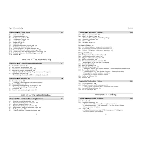 The table of contents from the book "Higher Performance Sailing" by Adlard Coles lists chapters on topics such as sails, rigging, sailing simulators, and handling techniques, with insights into sailboat racing techniques and mastering apparent wind for increased performance. Each chapter is accompanied by its page number.