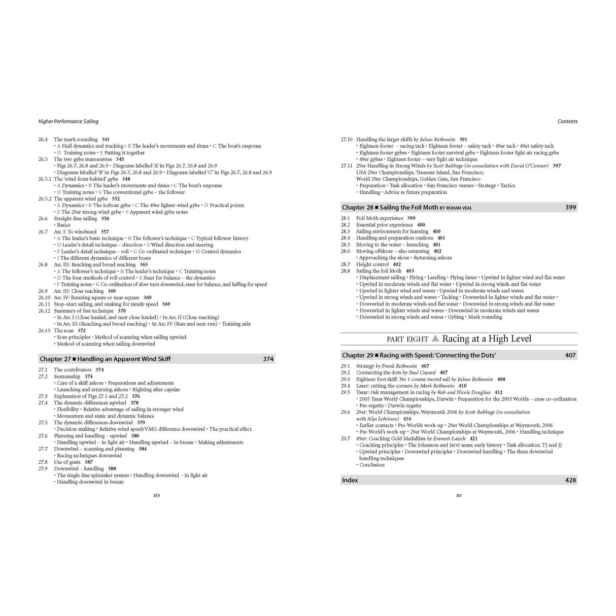 Contents page from a sailing book titled "Higher Performance Sailing" by Adlard Coles, detailing chapters 28 to 33, which cover topics like handling apparent wind skiffs, sailboat racing techniques, and advanced tactics for enhanced sailing performance, with an index on the right page.