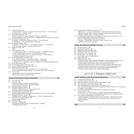 Contents page from a sailing book titled "Higher Performance Sailing" by Adlard Coles, detailing chapters 28 to 33, which cover topics like handling apparent wind skiffs, sailboat racing techniques, and advanced tactics for enhanced sailing performance, with an index on the right page.