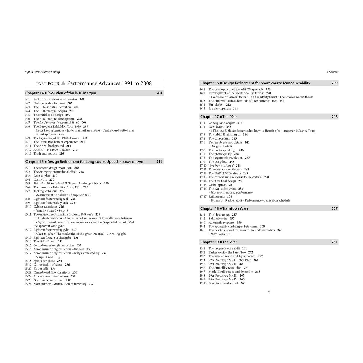 An image of the table of contents from *Higher Performance Sailing* by Adlard Coles shows chapters such as "Performance Advances 1991 to 2008," which provides an in-depth exploration of sailboat racing techniques and the evolution of the 18 Maxi. The chapters detail design refinements and how apparent wind impacts higher performance sailing, covering pages 201 to 261.