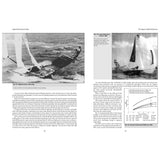 Two pages from "Higher Performance Sailing" by Adlard Coles. The left-hand page features images of sailboats and provides insights into high-performance sailing and sailboat racing techniques. Meanwhile, the right-hand page offers a detailed exploration with images, graphs, and text focused on advancements in design and tactics to harness apparent wind for enhanced performance.