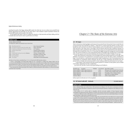 A two-page spread from the book "Higher Performance Sailing" by Adlard Coles features the author's bio on the left page, complete with a table of events and years, including Olympic Games. The right page, titled "Chapter 2 - The State of the Extreme Arts," starts with sections labeled 2.1 Scope and 2.2 Fastest Sailcraft, highlighting techniques in sailboat racing and high-performance sailing.