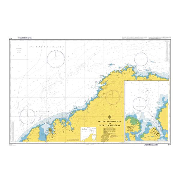 Product image of Admiralty Chart 1400 | Outer Approaches to Puerto Cristobal, featuring navigational markings, depth soundings, and coastal features, essential for safe marine navigation. It could be displayed as an art piece or used for navigation on a boat or ship.