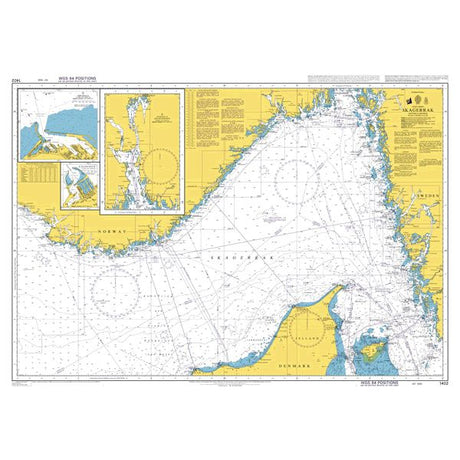 Product image of Admiralty Chart 1402 | Skagerrak, featuring navigational markings, depth soundings, and coastal features, essential for safe marine navigation. It could be displayed as an art piece or used for navigation on a boat or ship.