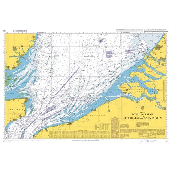 Product image of Admiralty Chart 1406 | Dover and Calais to Orford Ness and Scheveningen, featuring navigational markings, depth soundings, and coastal features, essential for safe marine navigation. It could be displayed as an art piece or used for navigation on a boat or ship.