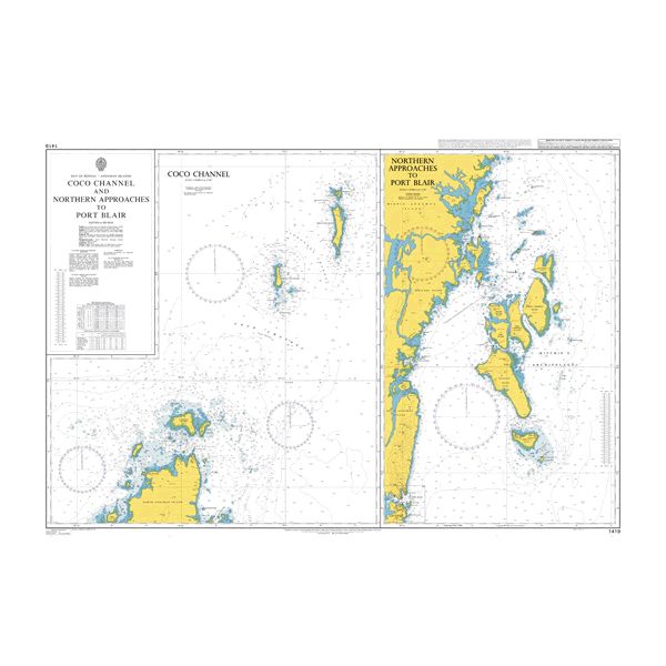 Product image of Admiralty Chart 1419 | Coco Channel and Northern Approaches to Port Blair, featuring navigational markings, depth soundings, and coastal features, essential for safe marine navigation. It could be displayed as an art piece or used for navigation on a boat or ship.