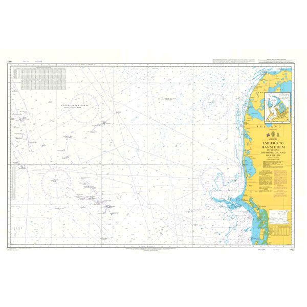 Product image of Admiralty Chart 1422 | Esbjerg to Hanstholm including Offshore Oil and Gas Fields, featuring navigational markings, depth soundings, and coastal features, essential for safe marine navigation. It could be displayed as an art piece or used for navigation on a boat or ship.