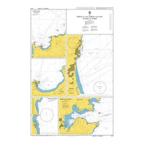 Product image of Admiralty Chart 1425 | Ports on the North and East Coasts of Corse, featuring navigational markings, depth soundings, and coastal features, essential for safe marine navigation. It could be displayed as an art piece or used for navigation on a boat or ship.