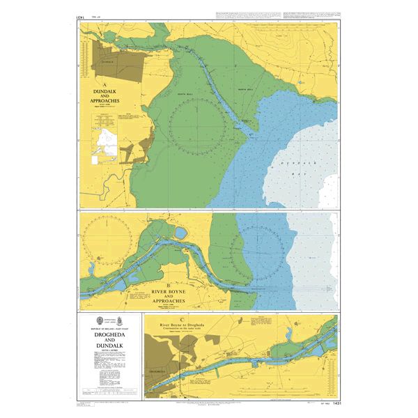 Product image of Admiralty Chart 1431 | Drogheda and Dundalk, featuring navigational markings, depth soundings, and coastal features, essential for safe marine navigation. It could be displayed as an art piece or used for navigation on a boat or ship.