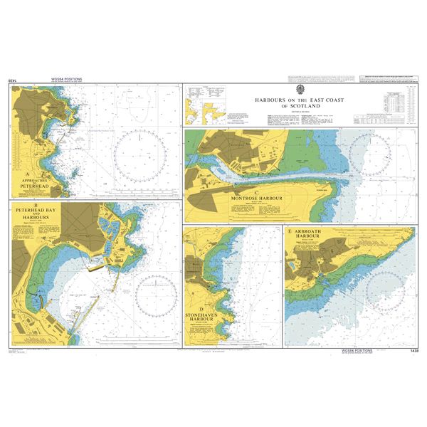 Product image of Admiralty Chart 1438 | Harbours on the East Coast of Scotland, featuring navigational markings, depth soundings, and coastal features, essential for safe marine navigation. It could be displayed as an art piece or used for navigation on a boat or ship.