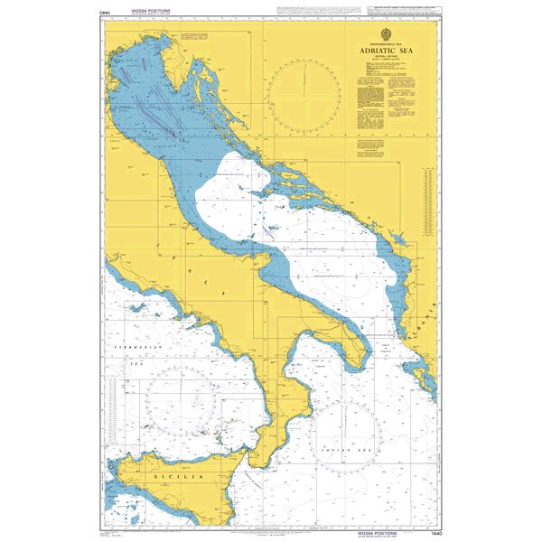 Product image of Admiralty Chart 1440 | Adriatic Sea, featuring navigational markings, depth soundings, and coastal features, essential for safe marine navigation. It could be displayed as an art piece or used for navigation on a boat or ship.