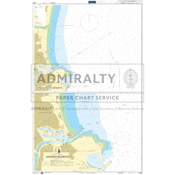 The Admiralty Chart 1446, produced by Admiralty, offers a detailed nautical chart of Aberdeen Harbour. The chart provides coastal details, water depths, and navigational aids for the approaches to Aberdeen. Various markings and symbols indicate hazards and commercial shipping routes crucial for coastal navigation.