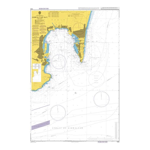 Product image of Admiralty Chart 1448 | Gibraltar Bay, featuring navigational markings, depth soundings, and coastal features, essential for safe marine navigation. It could be displayed as an art piece or used for navigation on a boat or ship.