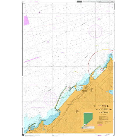 Product image of Admiralty Chart 145 | Ports of Tanger Med and Ksar Sghir, featuring navigational markings, depth soundings, and coastal features, essential for safe marine navigation. It could be displayed as an art piece or used for navigation on a boat or ship.