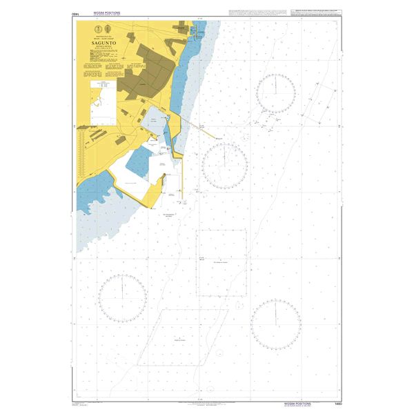 Product image of Admiralty Chart 1460 | Sagunto, featuring navigational markings, depth soundings, and coastal features, essential for safe marine navigation. It could be displayed as an art piece or used for navigation on a boat or ship.