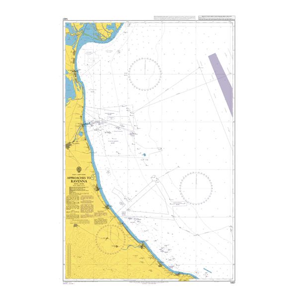 Product image of Admiralty Chart 1467 | Approaches to Ravenna, featuring navigational markings, depth soundings, and coastal features, essential for safe marine navigation. It could be displayed as an art piece or used for navigation on a boat or ship.