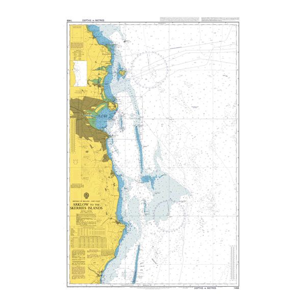 Product image of Admiralty Chart 1468 | Arklow to the Skerries Islands, featuring navigational markings, depth soundings, and coastal features, essential for safe marine navigation. It could be displayed as an art piece or used for navigation on a boat or ship.