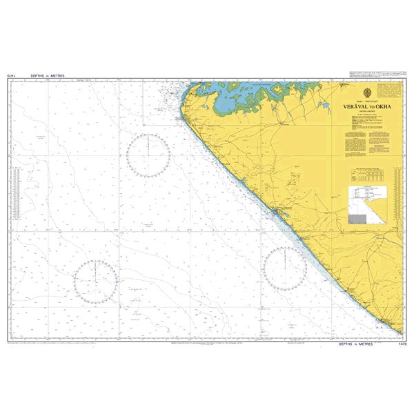 Product image of Admiralty Chart 1470 | Okha to Veraval, featuring navigational markings, depth soundings, and coastal features, essential for safe marine navigation. It could be displayed as an art piece or used for navigation on a boat or ship.