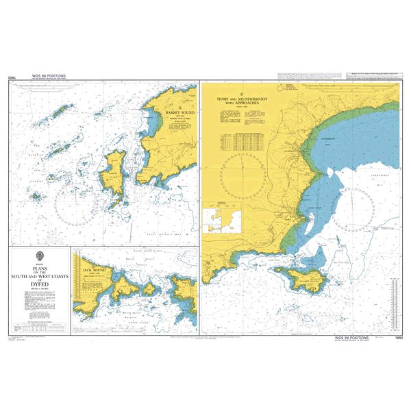 Product image of Admiralty Chart 1482 | Plans in South West Wales, featuring navigational markings, depth soundings, and coastal features, essential for safe marine navigation. It could be displayed as an art piece or used for navigation on a boat or ship.