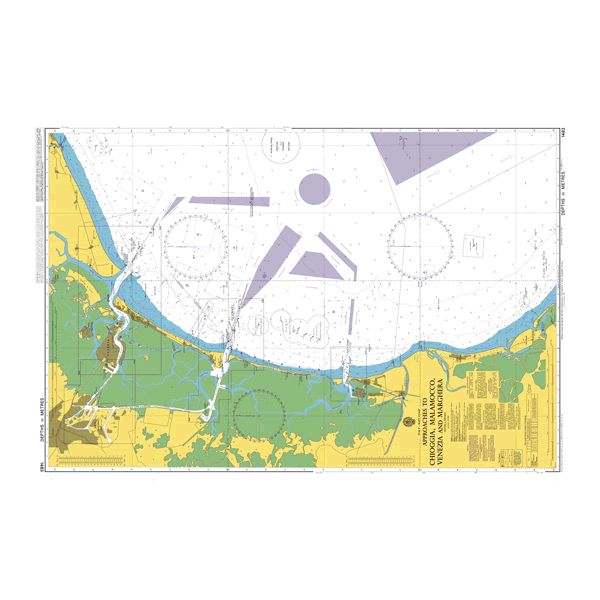 Product image of Admiralty Chart 1483 | Approaches to Chioggia, Malamocco, Venezia and Marghera, featuring navigational markings, depth soundings, and coastal features, essential for safe marine navigation. It could be displayed as an art piece or used for navigation on a boat or ship.