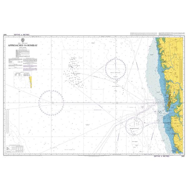 Admiralty Chart IN255: Approaches to Mumbai by Admiralty displays detailed sea routes, depth soundings, navigational aids, and Mumbai’s coastline with shaded land and ocean areas, produced to Admiralty Standard Nautical Chart specifications.