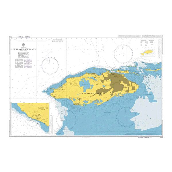 Product image of Admiralty Chart 1489 | New Providence Island, featuring navigational markings, depth soundings, and coastal features, essential for safe marine navigation. It could be displayed as an art piece or used for navigation on a boat or ship.