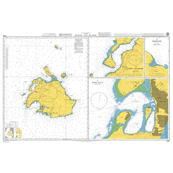 Product image of Admiralty Chart 1494 | Efate and Plans, featuring navigational markings, depth soundings, and coastal features, essential for safe marine navigation. It could be displayed as an art piece or used for navigation on a boat or ship.