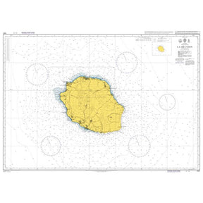 Product image of Admiralty Chart 1497 | La Reunion, featuring navigational markings, depth soundings, and coastal features, essential for safe marine navigation. It could be displayed as an art piece or used for navigation on a boat or ship.