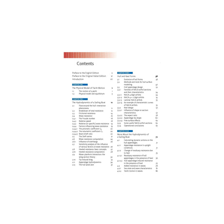 The image shows the table of contents for "Aero-hydrodynamics and the Performance of Sailing Yachts" by Adlard Coles, with sections on yacht motion, dynamic design principles, and advanced sailing dynamics. It details hydrodynamic interactions with page numbers for easy navigation.