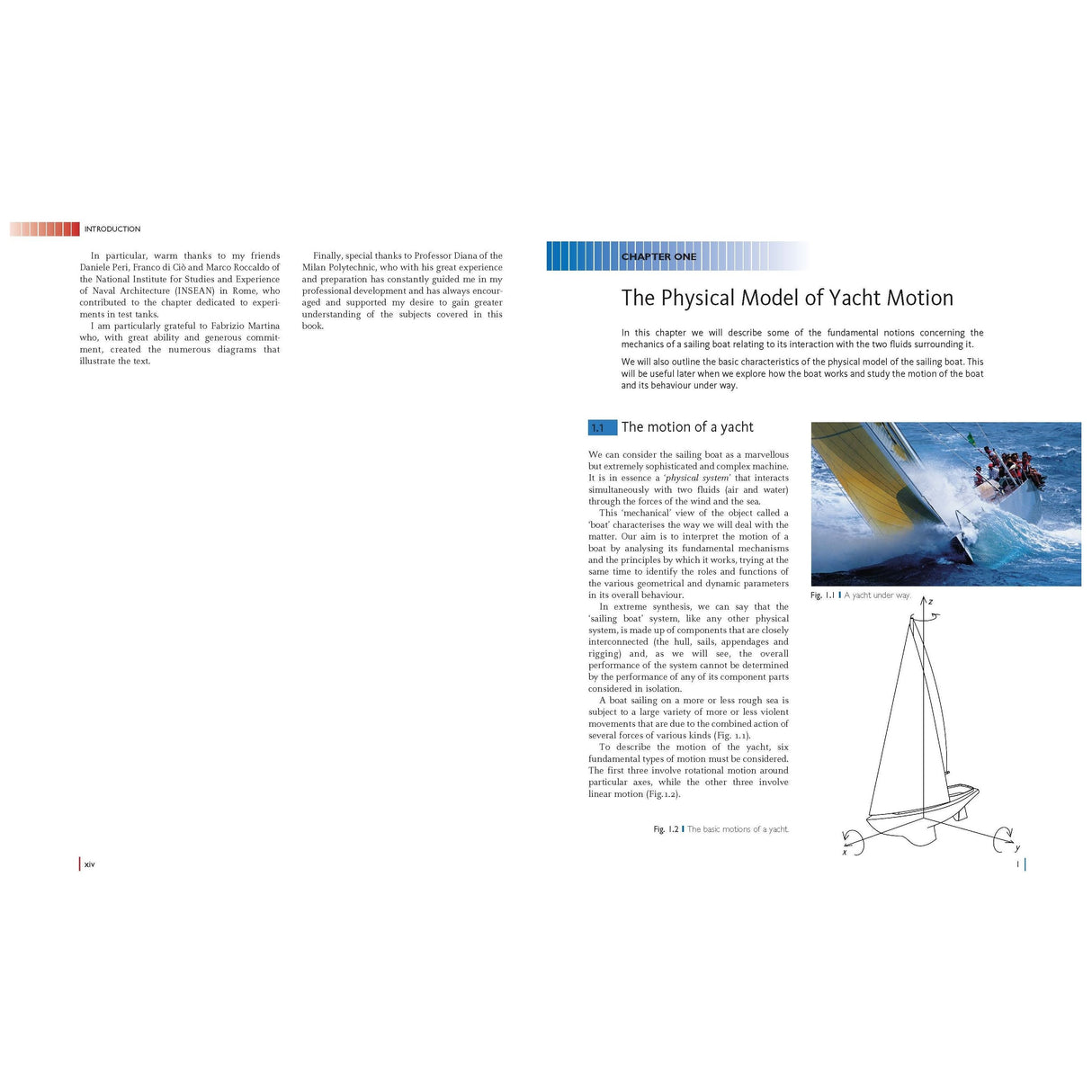 A book spread with text and images. Left page: introductory text on yacht motion and aerodynamic principles. Right page: a yacht sailing photo at an angle, with a diagram of hydrodynamic interactions in design. Title: "Aero-hydrodynamics and the Performance of Sailing Yachts" by Adlard Coles.