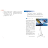 A book spread with text and images. Left page: introductory text on yacht motion and aerodynamic principles. Right page: a yacht sailing photo at an angle, with a diagram of hydrodynamic interactions in design. Title: "Aero-hydrodynamics and the Performance of Sailing Yachts" by Adlard Coles.