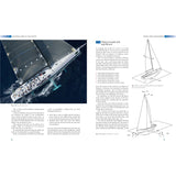 The book "Aero-hydrodynamics and the Performance of Sailing Yachts" by Adlard Coles shows a yacht sailing, with diagrams labeled Fig. 1.2.4 and Fig. 1.2.5 on aerodynamic yacht design principles, accompanied by text on both pages enhancing the innovative concepts presented.