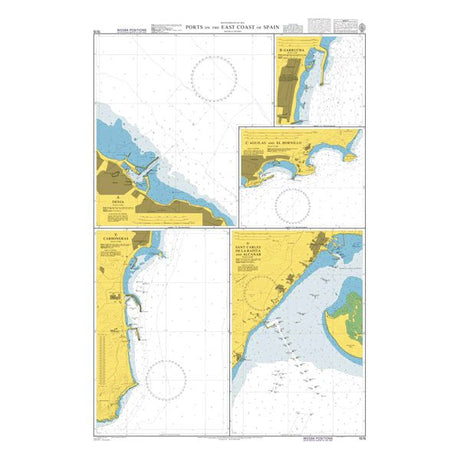 Product image of Admiralty Chart 1515 | Ports on the East Coast of Spain, featuring navigational markings, depth soundings, and coastal features, essential for safe marine navigation. It could be displayed as an art piece or used for navigation on a boat or ship.