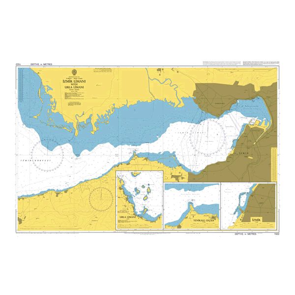 Product image of Admiralty Chart 1522 | Izmir Korfezi, featuring navigational markings, depth soundings, and coastal features, essential for safe marine navigation. It could be displayed as an art piece or used for navigation on a boat or ship.