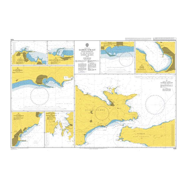 Product image of Admiralty Chart 1526 | Straits and Harbours in the Islands of Samos, Ikaria and Fournoi, featuring navigational markings, depth soundings, and coastal features, essential for safe marine navigation. It could be displayed as an art piece or used for navigation on a boat or ship.