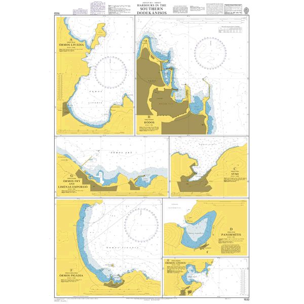 Product image of Admiralty Chart 1532 | Harbours in the Southern Dodekanisos, featuring navigational markings, depth soundings, and coastal features, essential for safe marine navigation. It could be displayed as an art piece or used for navigation on a boat or ship.