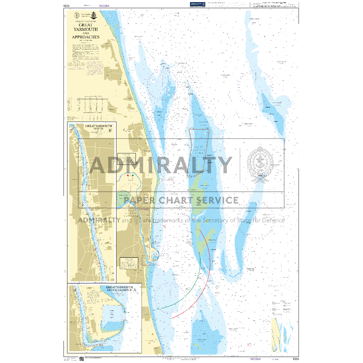 Product image of Admiralty Chart 1534 | Great Yarmouth and Approaches, featuring navigational markings, depth soundings, and coastal features, essential for safe marine navigation. It could be displayed as an art piece or used for navigation on a boat or ship.