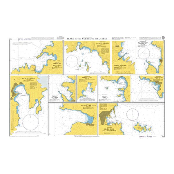 Product image of Admiralty Chart 1538 | Plans in the Northern Kyklades, featuring navigational markings, depth soundings, and coastal features, essential for safe marine navigation. It could be displayed as an art piece or used for navigation on a boat or ship.