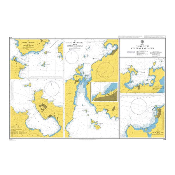 Product image of Admiralty Chart 1539 | Plans in the Central Kyklades, featuring navigational markings, depth soundings, and coastal features, essential for safe marine navigation. It could be displayed as an art piece or used for navigation on a boat or ship.