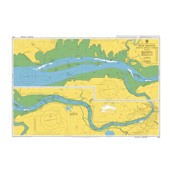 Product image of Admiralty Chart 1540 | River Shannon Shannon Airport to Limerick, featuring navigational markings, depth soundings, and coastal features, essential for safe marine navigation. It could be displayed as an art piece or used for navigation on a boat or ship.