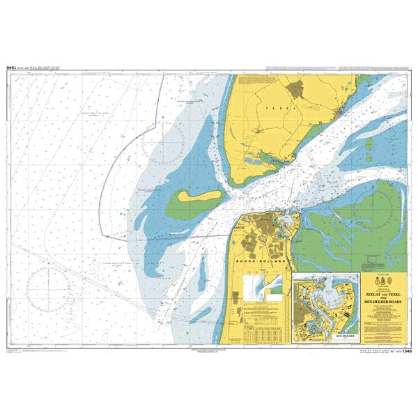 Product image of Admiralty Chart 1546 | Zeegat van Texel and Den Helder Roads, featuring navigational markings, depth soundings, and coastal features, essential for safe marine navigation. It could be displayed as an art piece or used for navigation on a boat or ship.