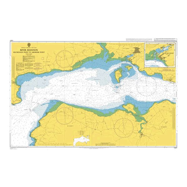 Product image of Admiralty Chart 1547 | River Shannon Kilcredaun Point to Ardmore Point, featuring navigational markings, depth soundings, and coastal features, essential for safe marine navigation. It could be displayed as an art piece or used for navigation on a boat or ship.