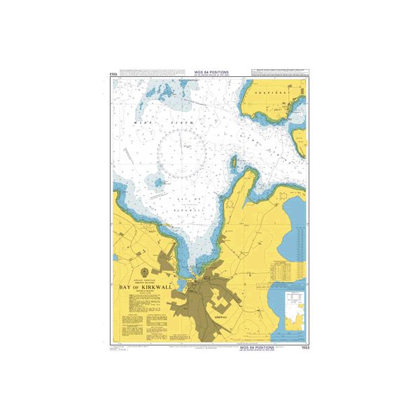 Product image of Admiralty Chart 1553 | Bay of Kirkwall, featuring navigational markings, depth soundings, and coastal features, essential for safe marine navigation. It could be displayed as an art piece or used for navigation on a boat or ship.