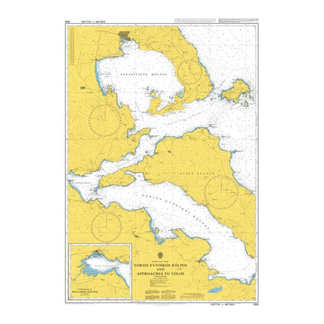 Product image of Admiralty Chart 1556 | Voreios Evvoikos Kolpos and Approaches to Volos, featuring navigational markings, depth soundings, and coastal features, essential for safe marine navigation. It could be displayed as an art piece or used for navigation on a boat or ship.