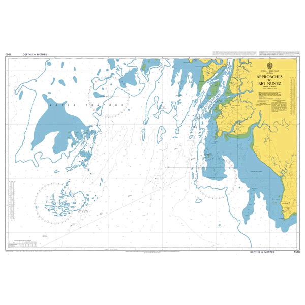 Product image of Admiralty Chart 1560 | Approaches to Rio Nunez, featuring navigational markings, depth soundings, and coastal features, essential for safe marine navigation. It could be displayed as an art piece or used for navigation on a boat or ship.